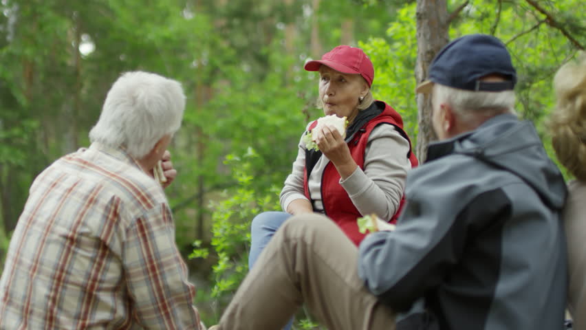 PAN shot of cheerful elderly woman and men having picnic after long hike in forest on summer day. They are eating sandwiches and chatting