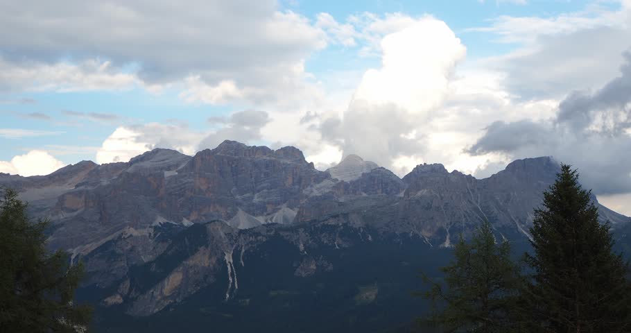 Timelapse landscape at the Dolomites, Italy. View to Fanes mountain range with clouds. Summer time