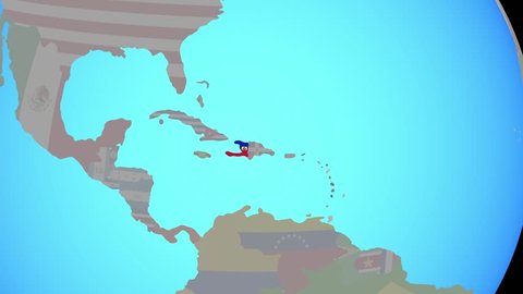 Zooming to Haiti with national flag on simple political globe. 3D illustration.