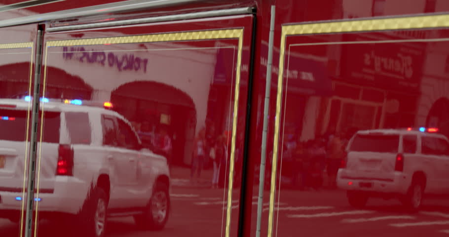 Glen Cove USA May 28th 2018 Police Car Siren Reflecting on Fire Engine