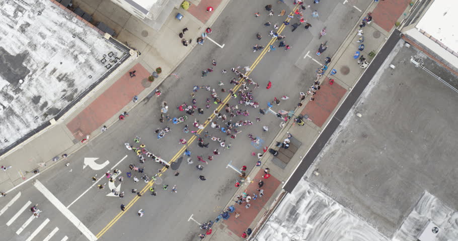 Glen Cove USA May 28th 2018 Aerial Top Down View of a Parade