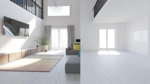 animation repair in a modern two-level apartment in the Scandinavian style. spacious interior of living room combined with kitchen-dining room. Stock-video