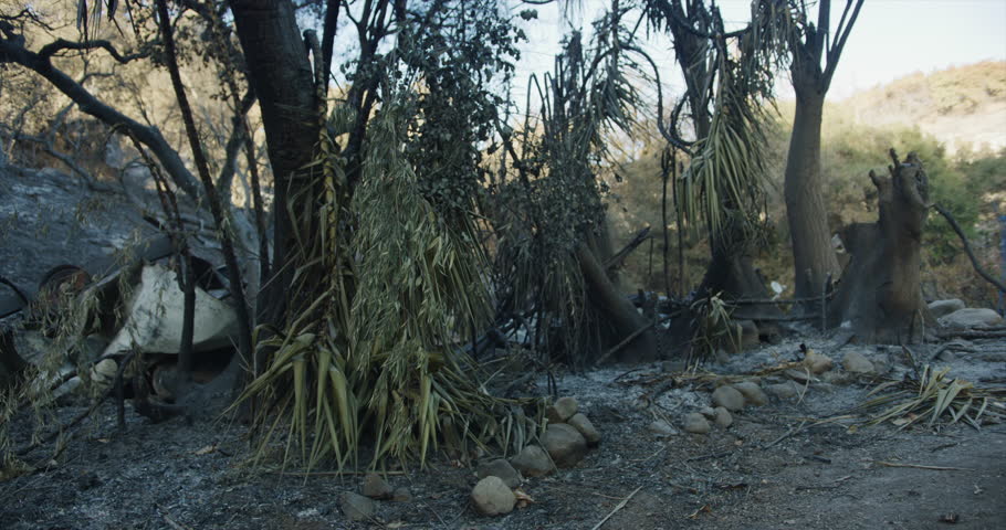 Gimbal shot of fire damage caused by Thomas Fire in Montecito hills Dec 2017. Santa Barbara county, California