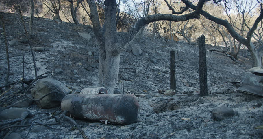 Gimbal shot of fire damage caused by Thomas Fire in Montecito hills Dec 2017. Santa Barbara county, California