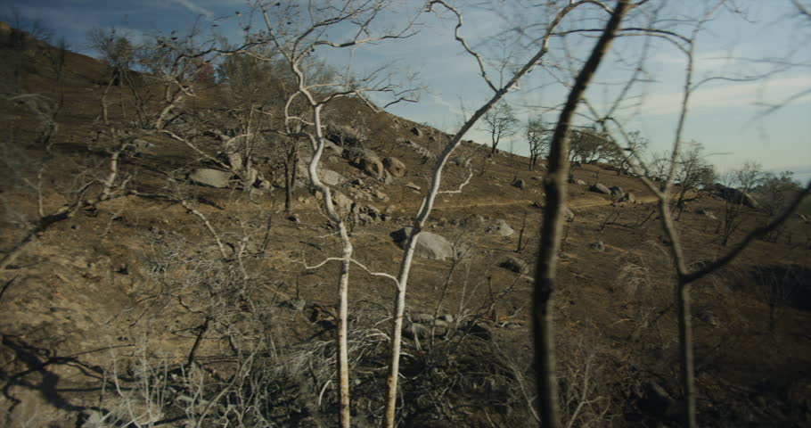 Gimbal shot of fire damage caused by Thomas Fire in Montecito hills Dec 2017. Santa Barbara county, California