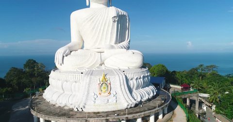 White Marble Big Buddha Statue Temple. Close Up Aerial View. Phuket Thailand