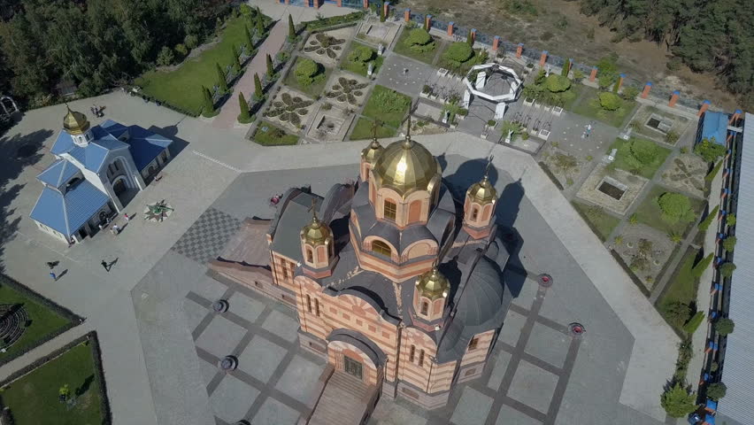 The temple in honor of the icon of the Mother of God Iverskaya. Aerial shoot. drone goes down