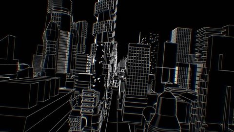 Geometric laser lowpoly cityscape with beat reactive chromatic distortion. Seamless neon retro futuristic animation 128 bpm