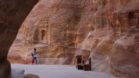 PETRA, JORDAN - MARCH 15, 2018: Elevated View of The Monastery or El Deir at the Ancient City of Petra, Jordan,