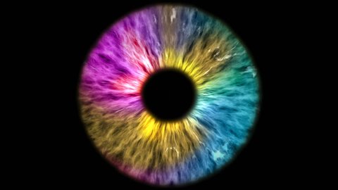 The colored eye is an extreme close-up of the iris and pupil, widening and tapering.