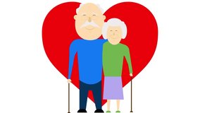 Old lovely couple cuddling under the floating hearts.Valentine's day video animation.