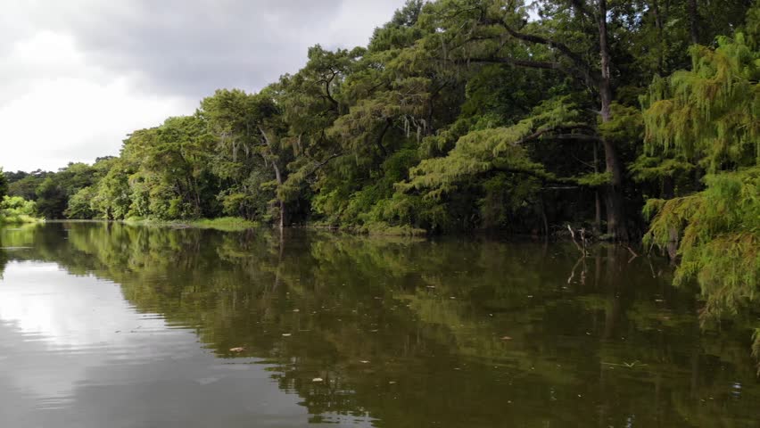 Drone footage at water level on the San Jacinto River near Houston, Texas