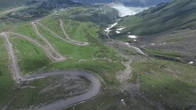Aerial video. Mountain road . Big Almaty lake. Kazakhstan.