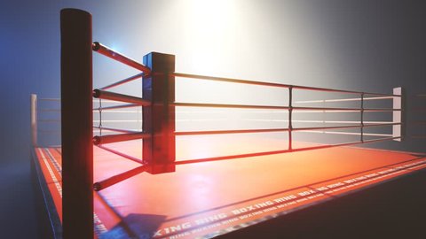 Cinematic shot showcasing boxing ring with bright spotlight in the middle. Symbolizes fighting sport competition training and fitness. Fitness gym equipment without athlete.
