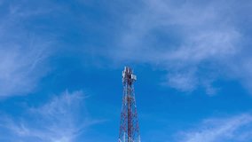 Chiang Rai, Thailand - January 2019, 04 : Time lapse of clouds moving over a telecommunications tower with blue sky. 
