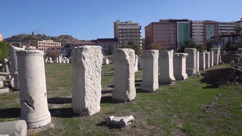 Ankara,Turkey - November 3, 2018: Open-air museum at the ruins of an ancient Roman bath complex dating to the 3rd century CE.