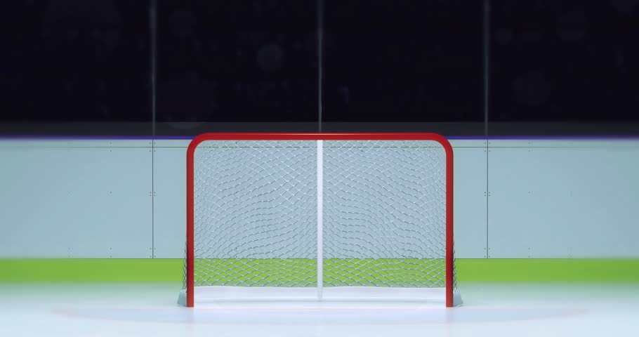 ice hockey rink with goalkeeper space fron view and camera flash behind, ice hockey stadium indoor 4k footage commercial background with white end