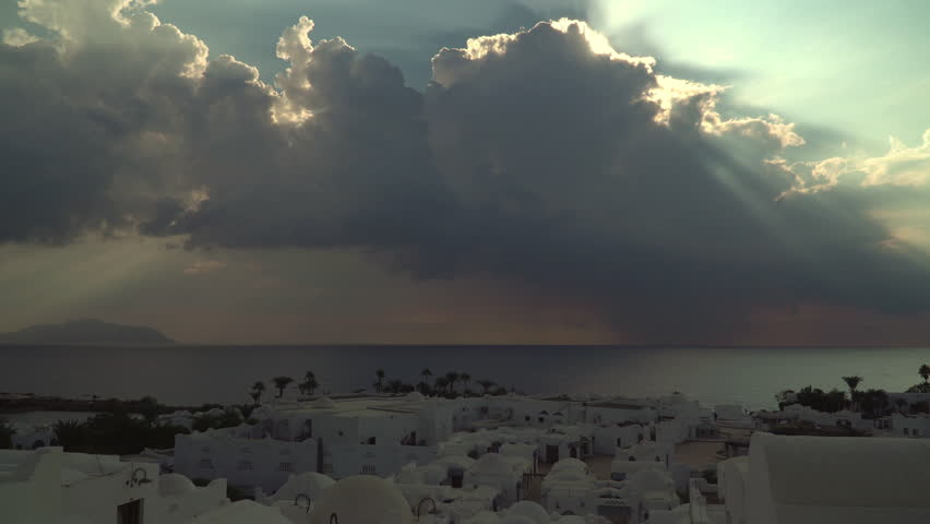 Rain clouds during a cyclone near the coast of the Red Sea near the tourist resort in Sharm el Sheikh on the Sinai Peninsula in Egypt. Overcast weather