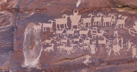 Ancient Native American Indian rock art Great Hunt. Nine Mile Canyon, Utah. World’s longest art gallery of ancient native American, Indian rock art, hieroglyphs, pictographs and petroglyphs.