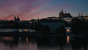Prague 2018 - Time lapse of river, Lesser Town of Prague and Prague Castle during dusk. 4K resolution