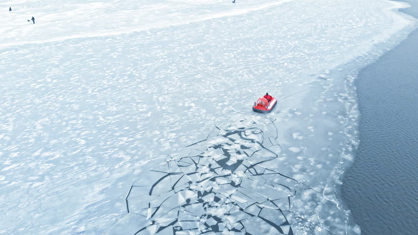 Fast red hovercraft rides breaks the ice