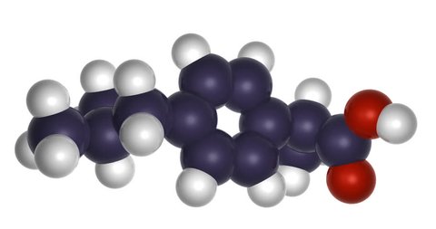 Ibuprofen molecule, analgesic drug, rendered 3d chemical structure as footage with transparent background (alpha channel), tumbling in infinite seamless loop in 4K, UHD, 2160p resolution.