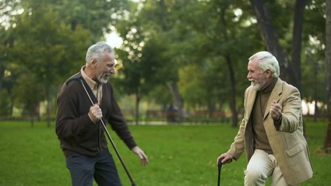 Male pensioners dancing park with walking sticks, friendship humor, having fun
