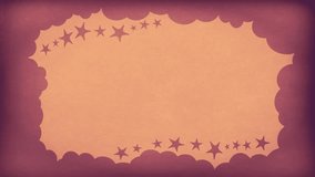 Happy Independence Day 15 : Reddish Orange Vintage Fantasy Curtain opening Motion greeting of sparkling Light text on Dark Purple waving dream Sky backdrop within warm border of clouds & stars (4K)