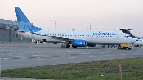 Ufa, Russia - APR 16: Pobeda plane at airport on April 24, 2016 in Ufa, Russia