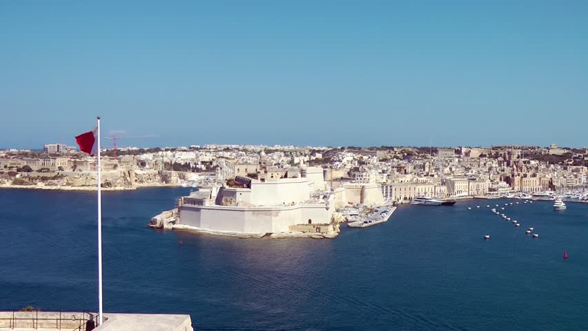View  from Upper Barrakka Gardens in Valletta on  Birgu  Fort St. Angelo fortification. Malta 
