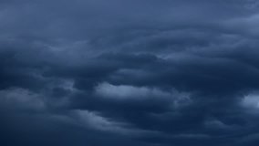 Thunderstorm clouds time lapse, after rain dark rolling cloudscape, supercell rotation cloud in horizon, beautiful nature, real weather.