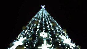 Blurry bokeh background of defocused huge christmas tree decorated with holiday lights of garlands and different ornaments. Real time 4k video footage.