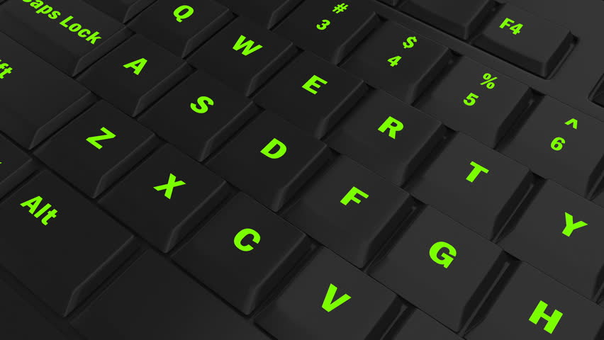 camera fly over black keyboard and focus on the green glowing Manage button at the moment of its pressing