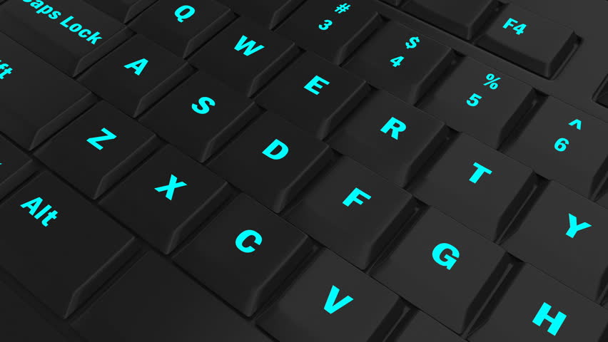 camera fly over black keyboard and focus on the blue glowing Collect button at the moment of its pressing