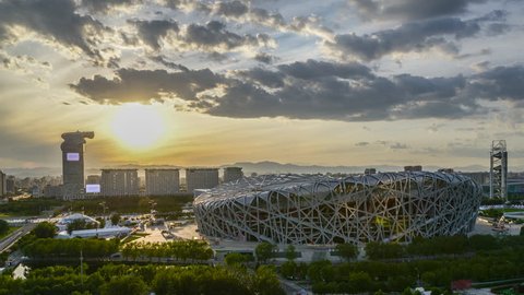 Beijing,China-JAN 06 2019: Timelapse. Beijing Landmark, National Stadium(Bird's Nest) Olympic Sports Centre at Sunset.
