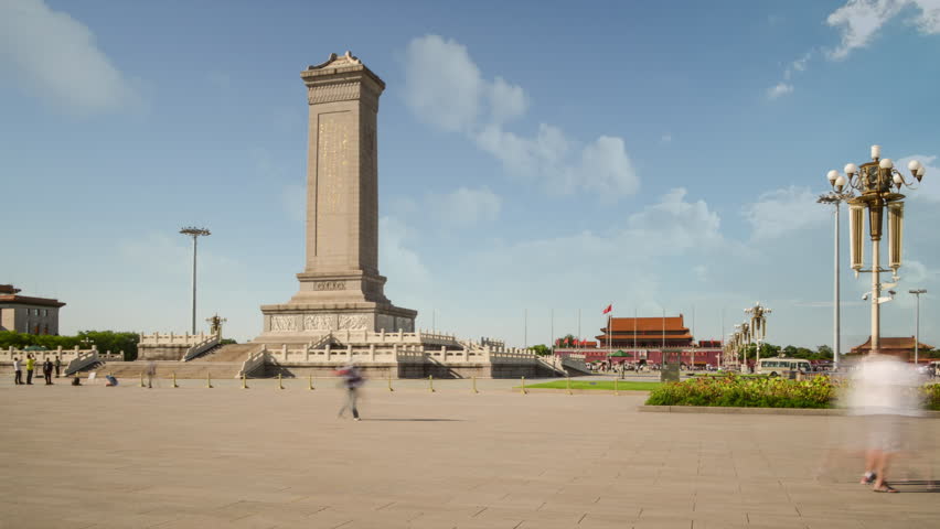 Hyperlapse. China Landmark, Tiananmen Square with Clouds and Monument to the People