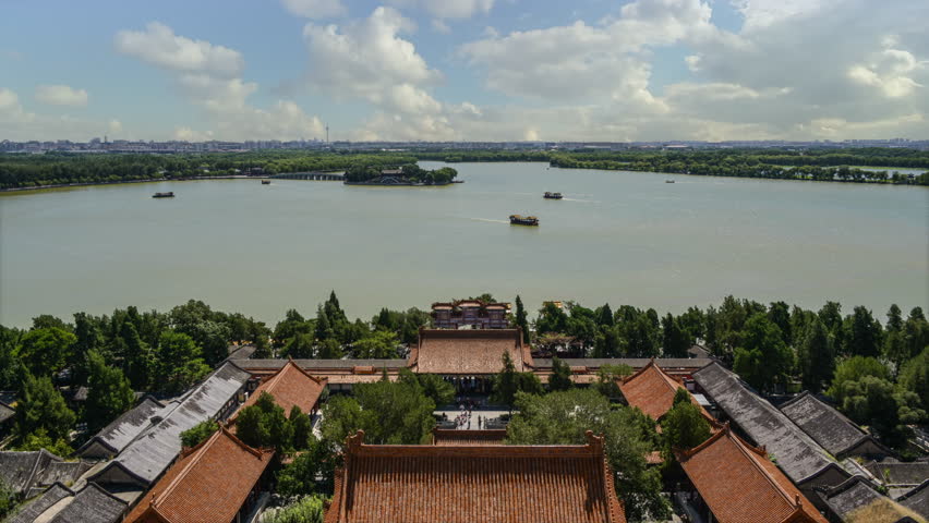 Timelapse. Beijing Landmark, The Summer Palace Temple with Clouds and Boats,China