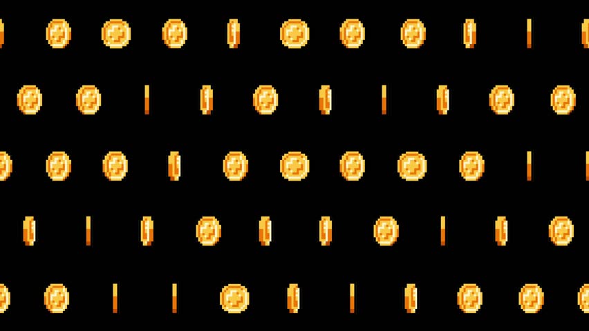 This coins movement graphics has a simulation of retro 8-bit graphics animation showing coins rotating and flying. Royalty-Free Stock Footage #1021935964