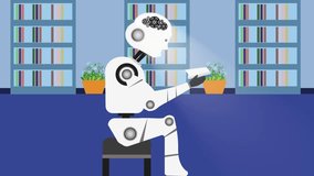 Robot reading a book at the library.Machine learning,artificial intelligence, futuristic video animation.