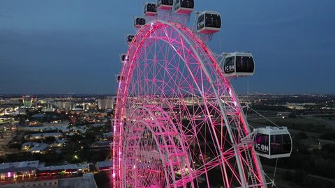 Orlando, Florida / United States - 12 1 2018 : Aerial of the Orlando Eye Ferris Wheel at Night and Late Afternoon.