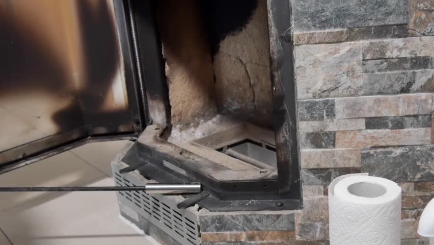 A man cleans the fireplace from the ash