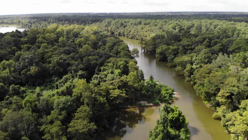 Drone tree top footage flying down the San Jacinto River near Houston, Texas