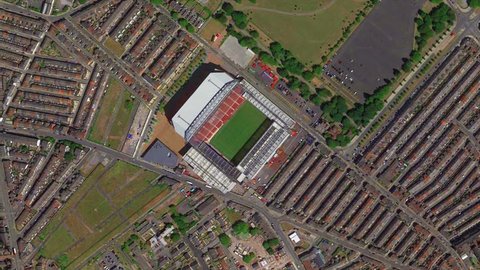 Liverpool, England, January, 2019: Earth Zoom from Anfield Stadium, Liverpool, England