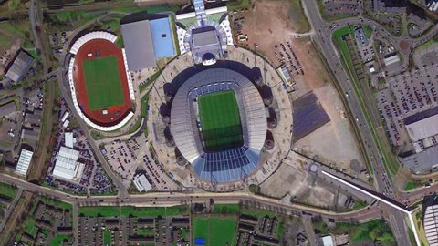 Manchester, England, January, 2019: Earth Zoom from Manchester City Stadium, Etihad Stadium