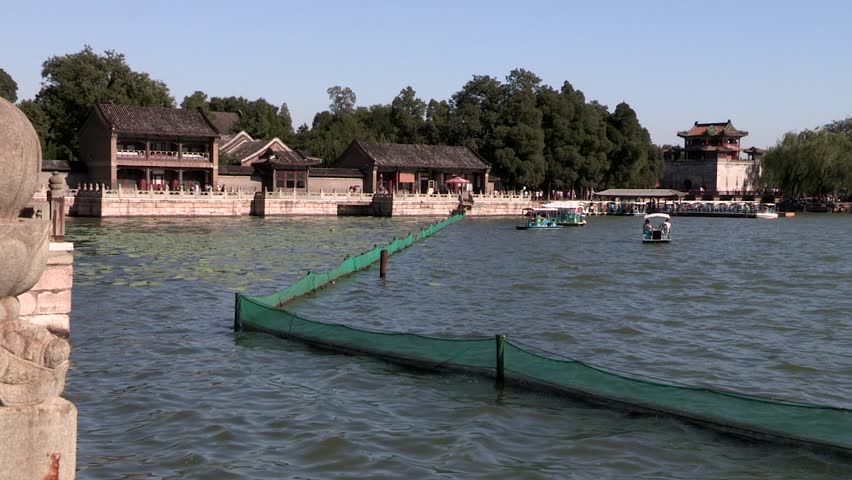 Pan Shot of Kunming Lake near Summer Palace in Beijing, China.