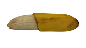 Realistic render of a rotating half peeled banana (Cavendish variety) on white background. The video is seamlessly looping, and the object is 3D scanned from a real banana.