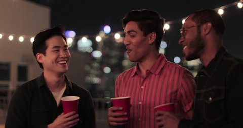 Group of male friends at a rooftop party