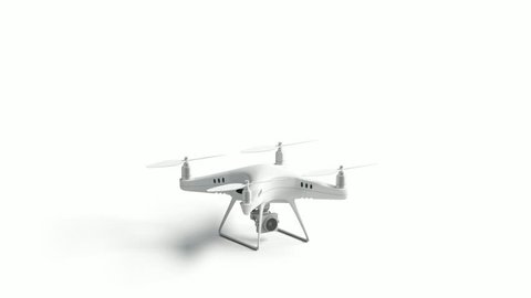 Blank white quadrocopter stand and flying mockup, looped switch, 3d rendering. Empty toy soar in air mock up, isolated. Cycled helicopter with propeller for spy or shooting template.