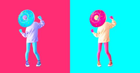 Minimal motion design. Gif set. Colorful dancing donut Girl