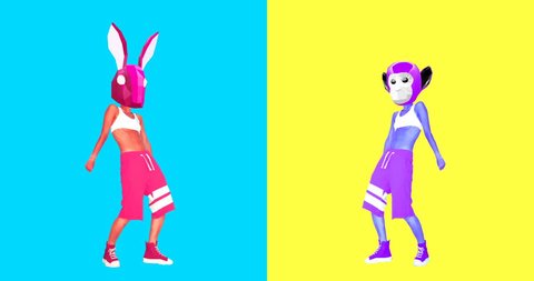 Minimal motion design art. Gif set. Dancing Bunny and Monkey. Ideal for nightclub screens and funny gifs.